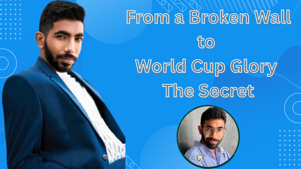 Jasprit Bumrah standing in a blue suit with text about his journey from a broken wall to World Cup glory on TheBioHub.